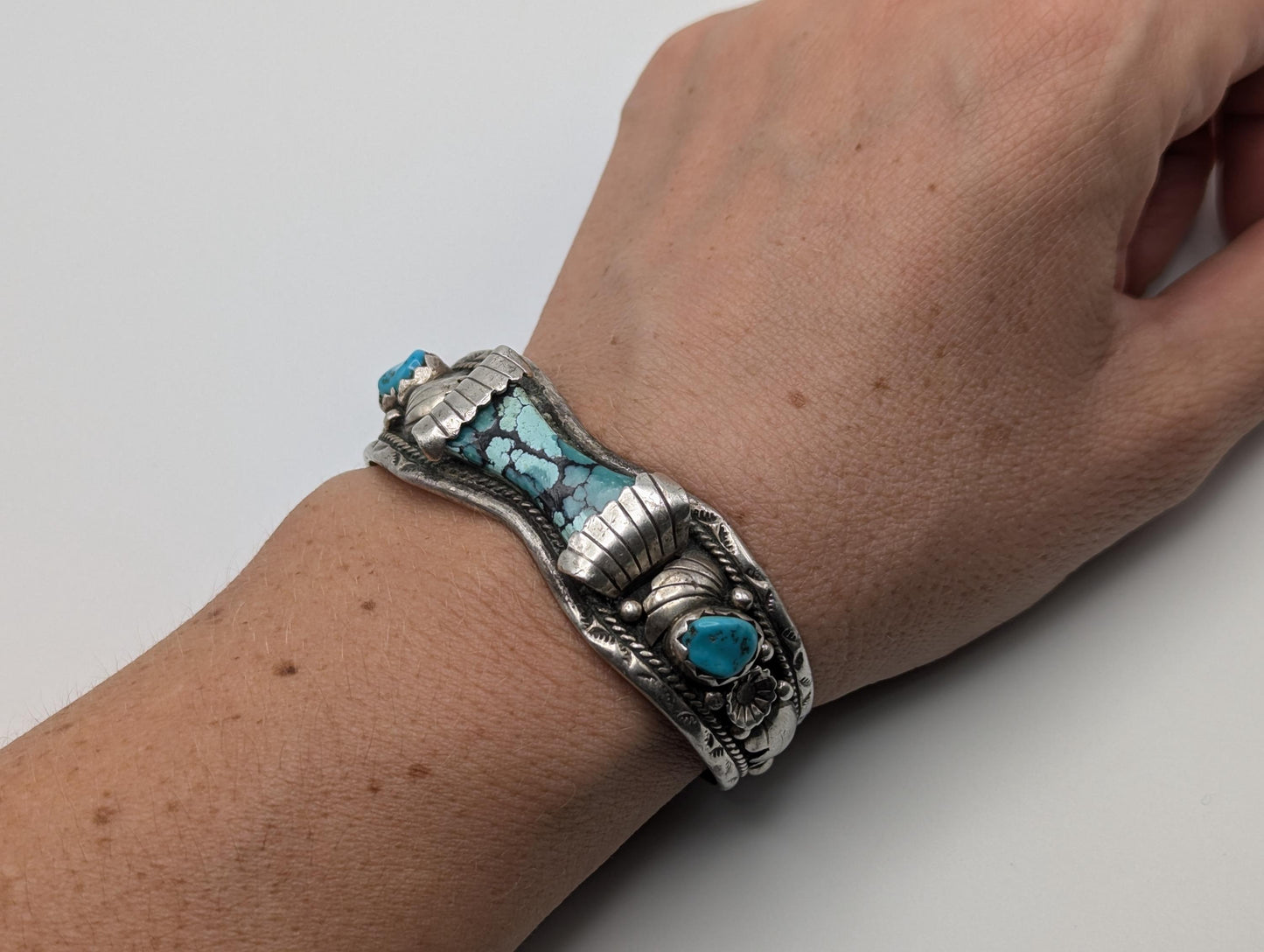 Vintage Navajo Silver J Johnson Turquoise Cuff Bracelet Sterling Silver Turquoise Bracelet