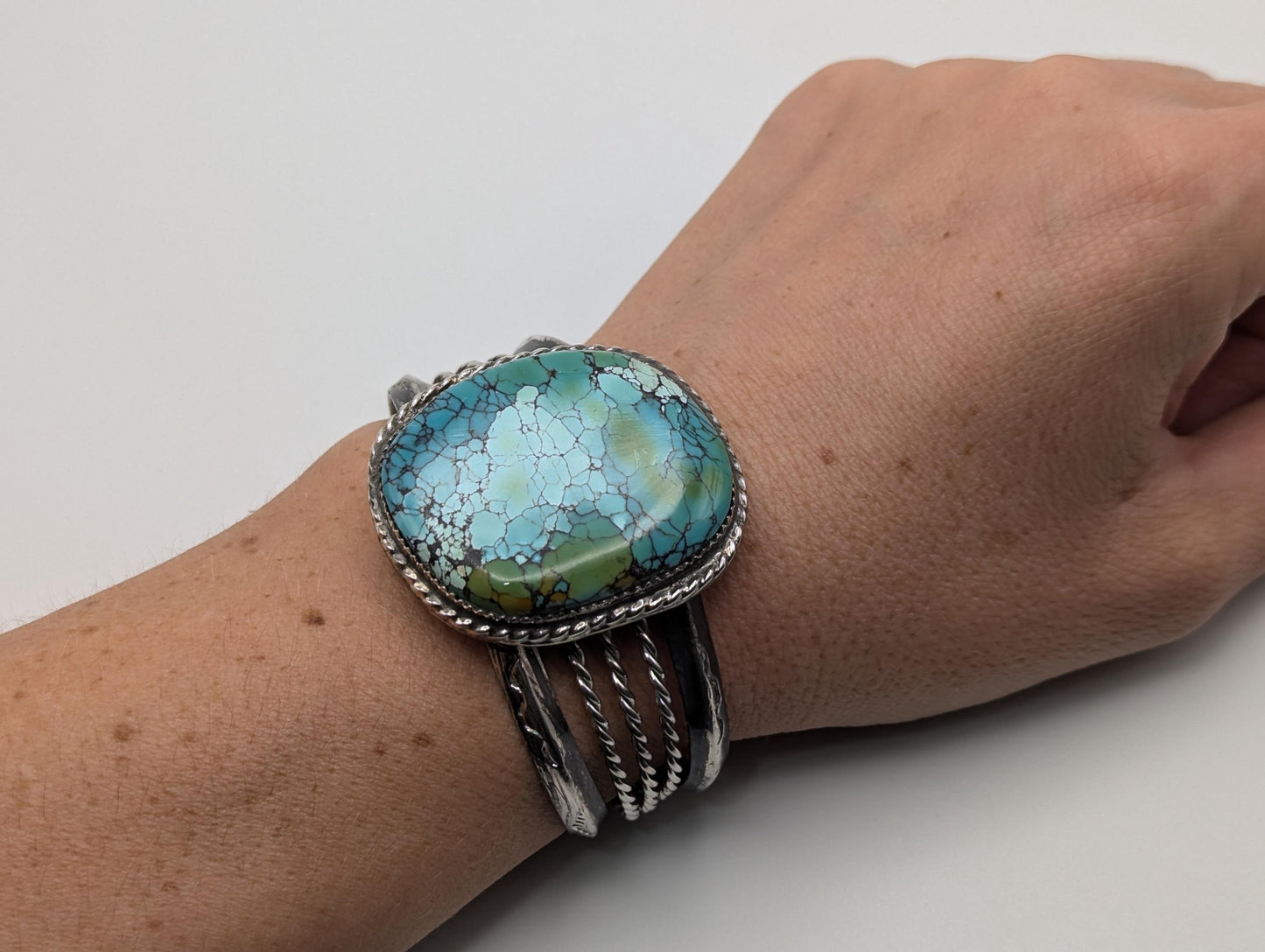 Sterling Silver Navajo Heavy 60 gr Bracelet w/ Large Spiderweb Turquoise Cabochon