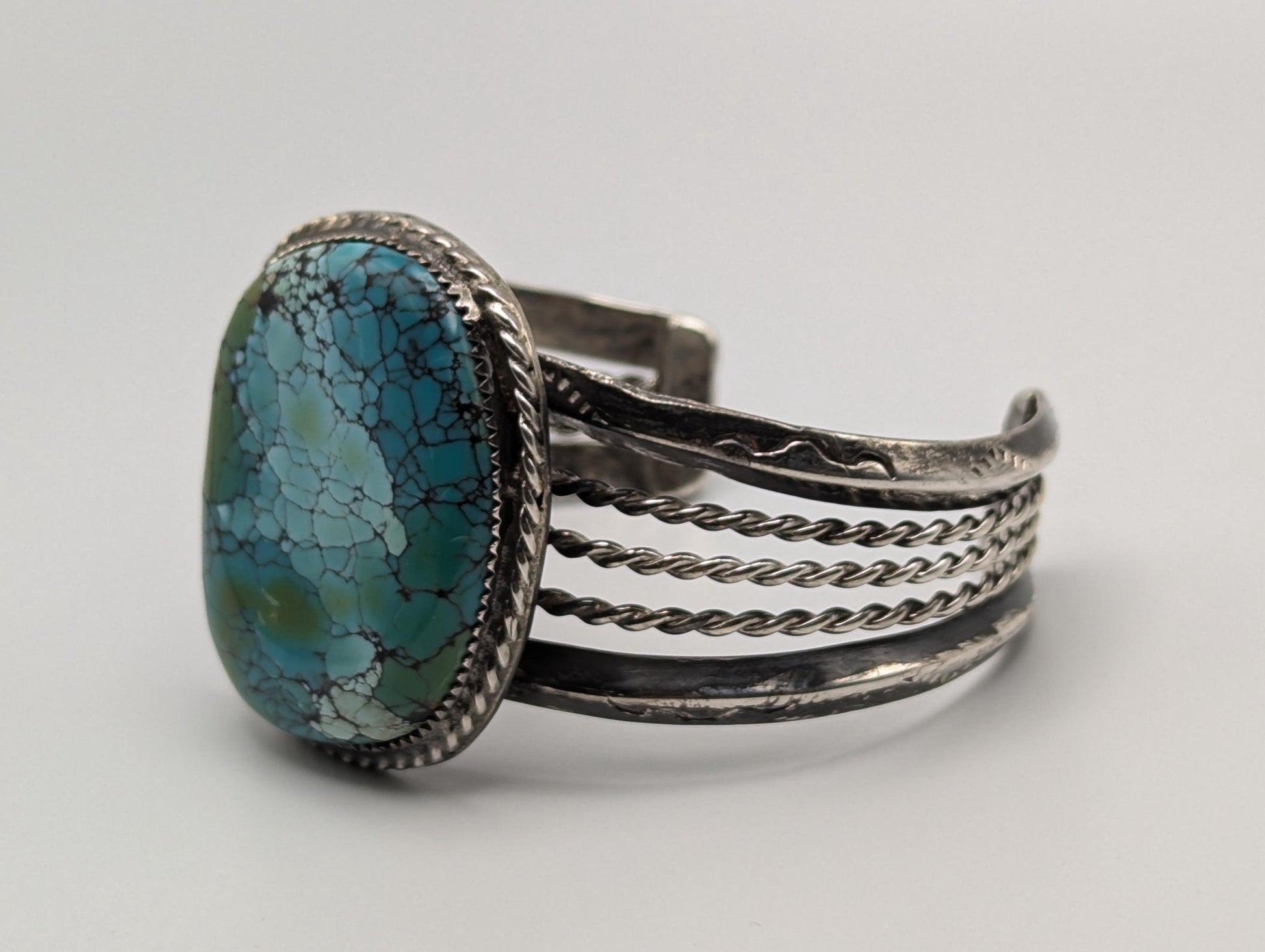 Sterling Silver Navajo Heavy 60 gr Bracelet w/ Large Spiderweb Turquoise Cabochon