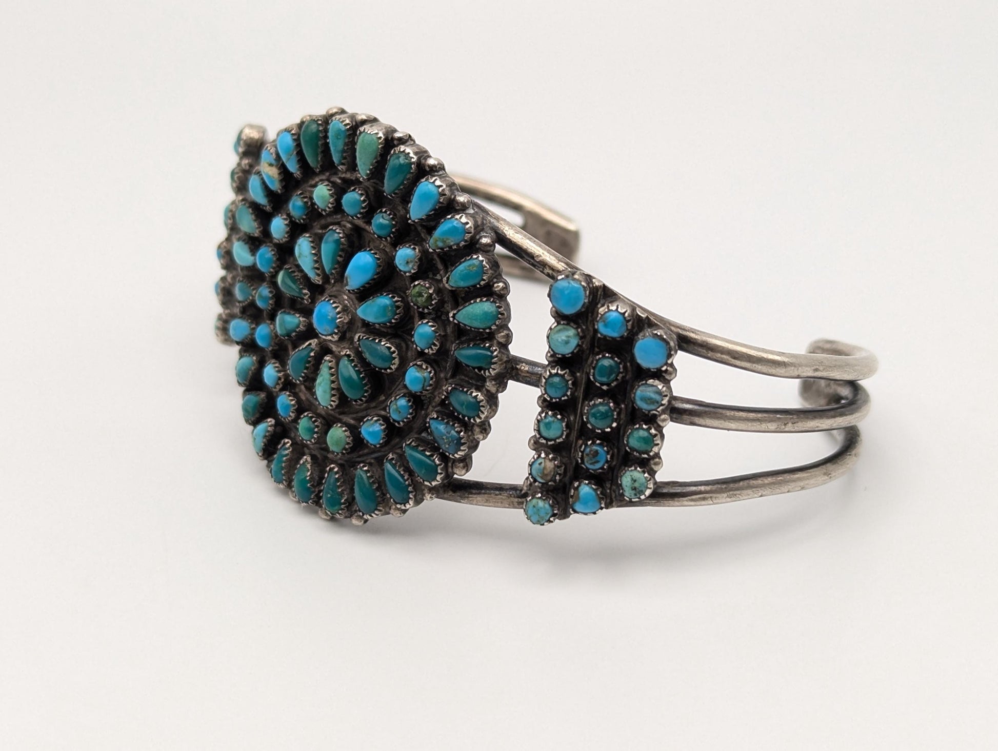 Sterling Silver Petite Point Turquoise Cuff Zuni Bracelet Navajo Turquoise Flower Cuff