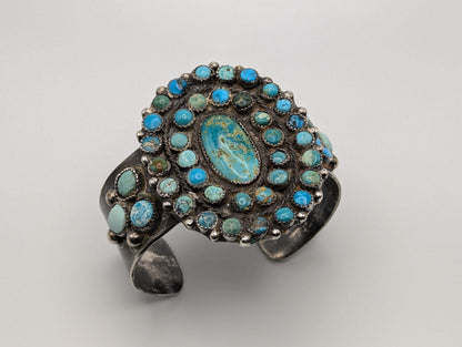 Vintage Southwestern Sterling Silver Navajo Heavy 120 gr Turquoise Cluster Bracelet Cuff