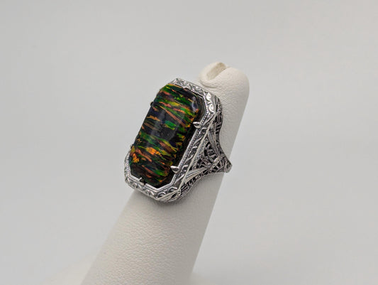 Antique Art Noveau Opal Sterling Silver Ring. Black Fire Opal Ring.