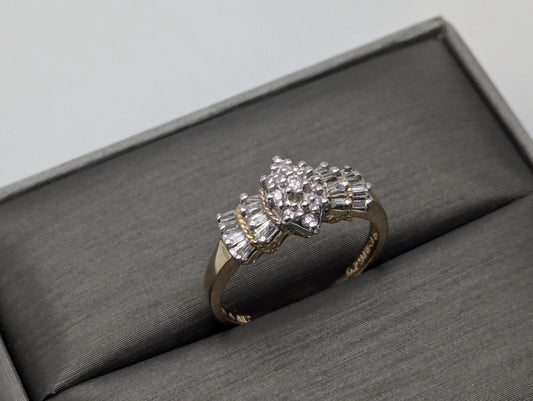 10k Yellow Gold Water Fall Round Baguette Diamond Cluster Ring Cocktail Wedding Band