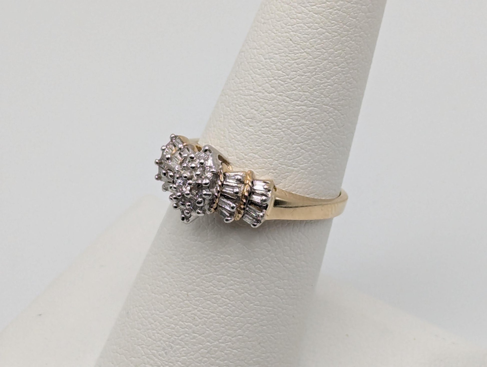 10k Yellow Gold Water Fall Round Baguette Diamond Cluster Ring Cocktail Wedding Band