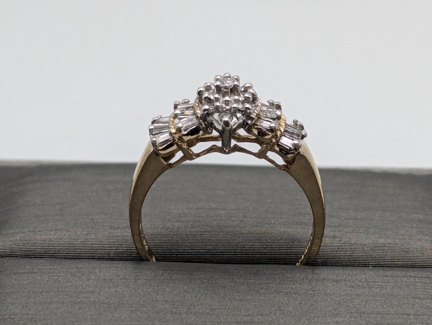 10k Yellow Gold Water Fall Round Baguette Diamond Cluster Ring Cocktail Wedding Band