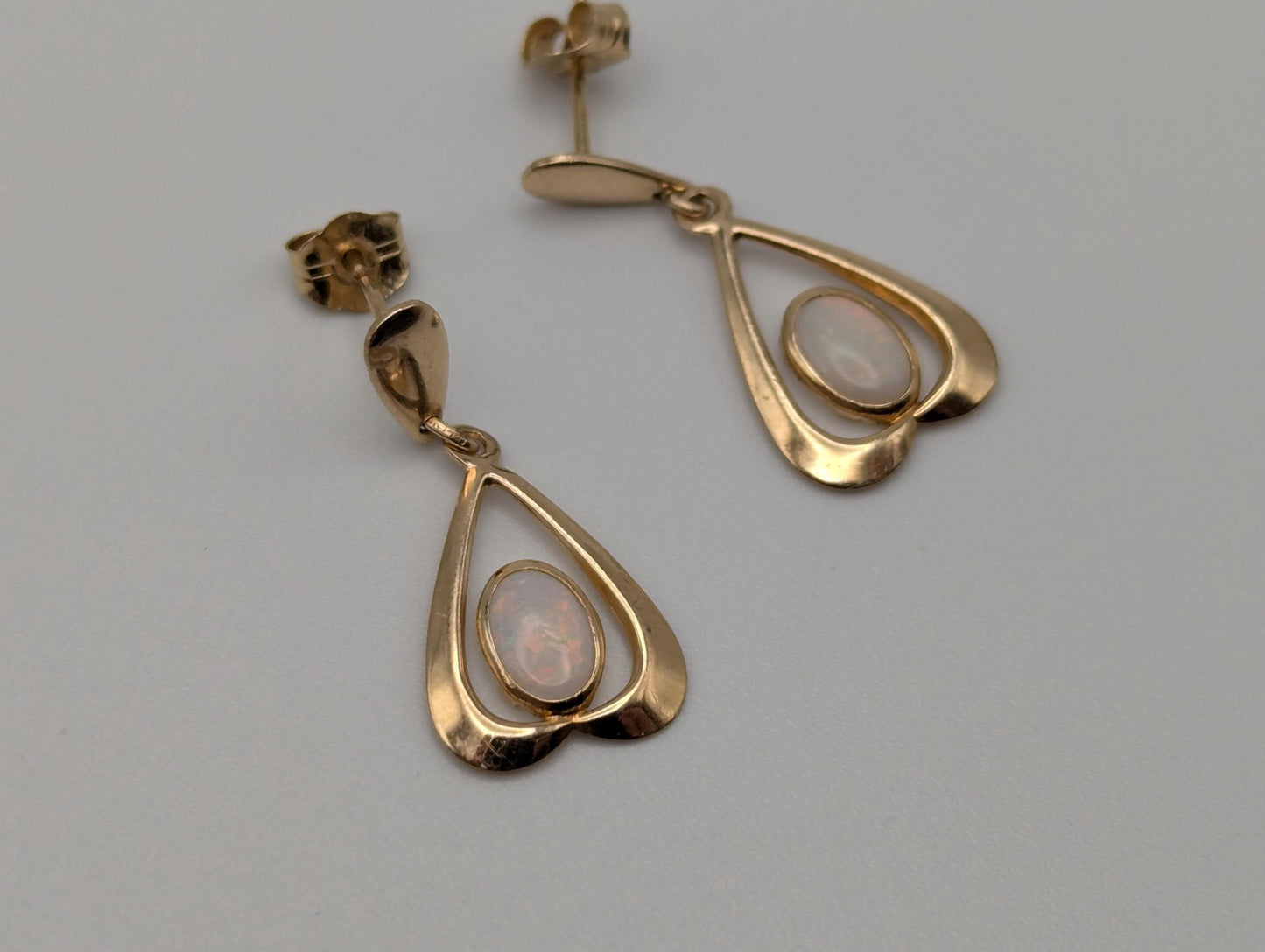 14K Yellow Gold Opal Heart Shaped Drop Dangle Earrings Opal Earrings