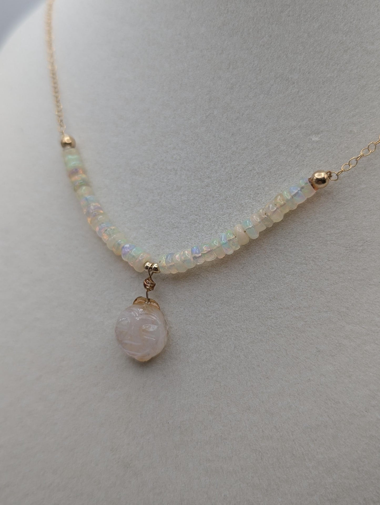 14k Yellow Gold Opal Necklace w/ Opal Beads. Gold Leaf Necklace 20" Chain