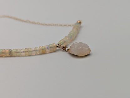 14k Yellow Gold Opal Necklace w/ Opal Beads. Gold Leaf Necklace 20" Chain