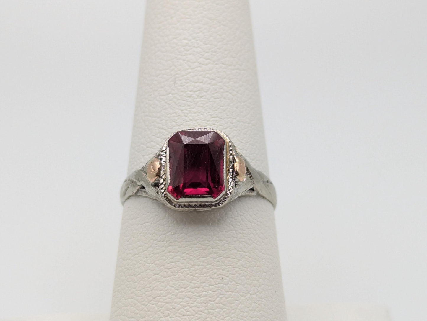 14k White Gold Ruby Filigree Ring Promise Wedding Engagement Band.