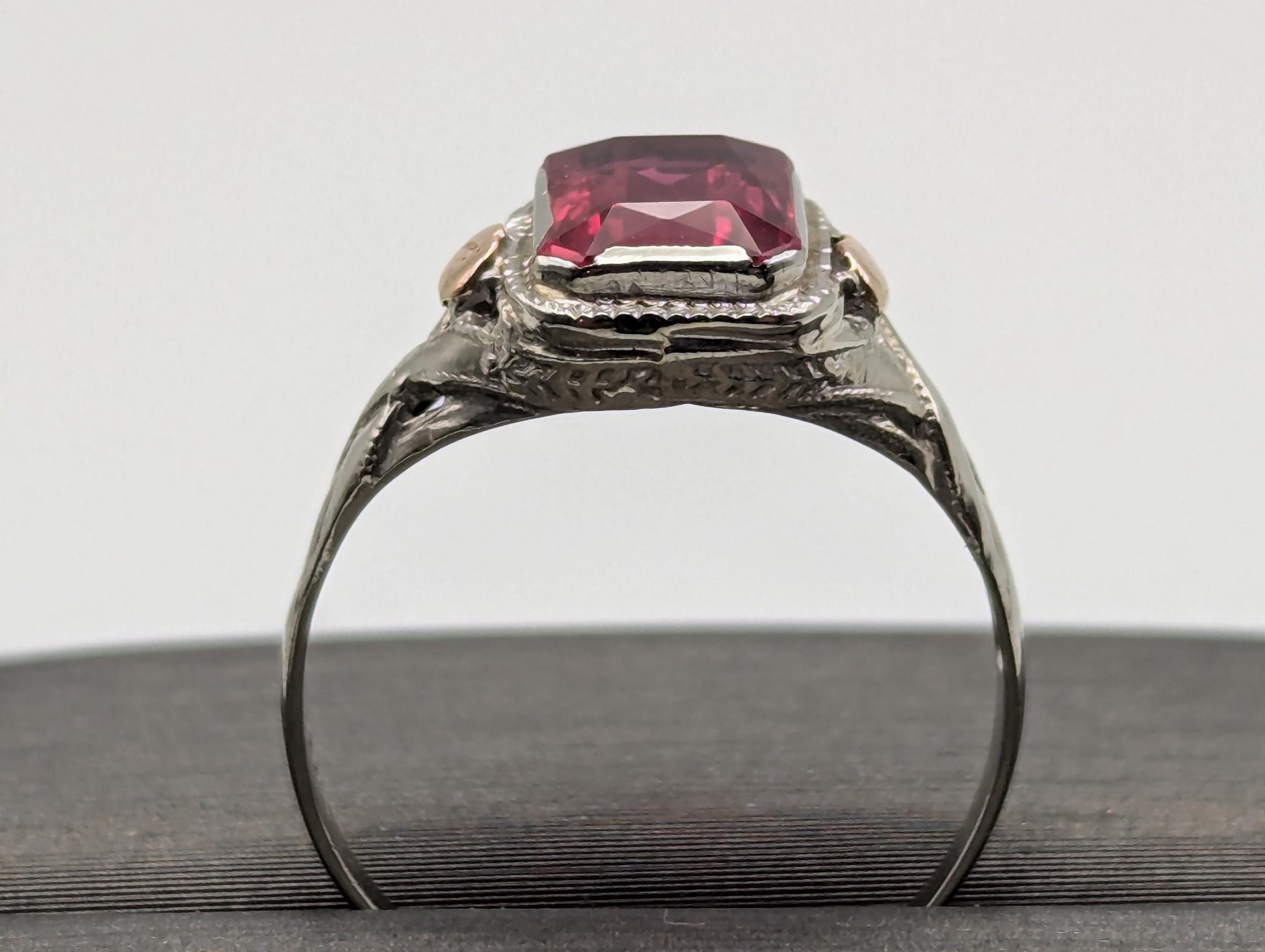 14k White Gold Ruby Filigree Ring Promise Wedding Engagement Band.