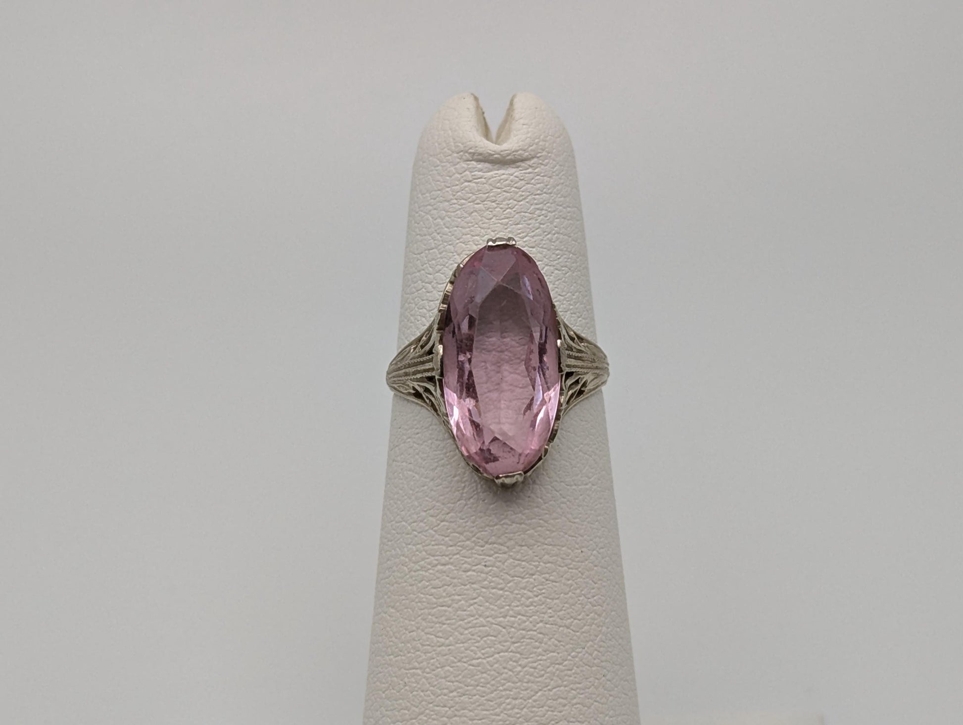 14k White Gold Filigree Pink Stone Ring 14k Handmade Statement Ring Cocktail Ring.