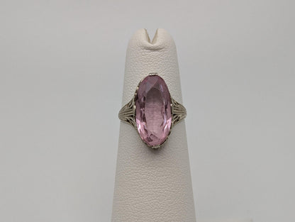 14k White Gold Filigree Pink Stone Ring 14k Handmade Statement Ring Cocktail Ring.