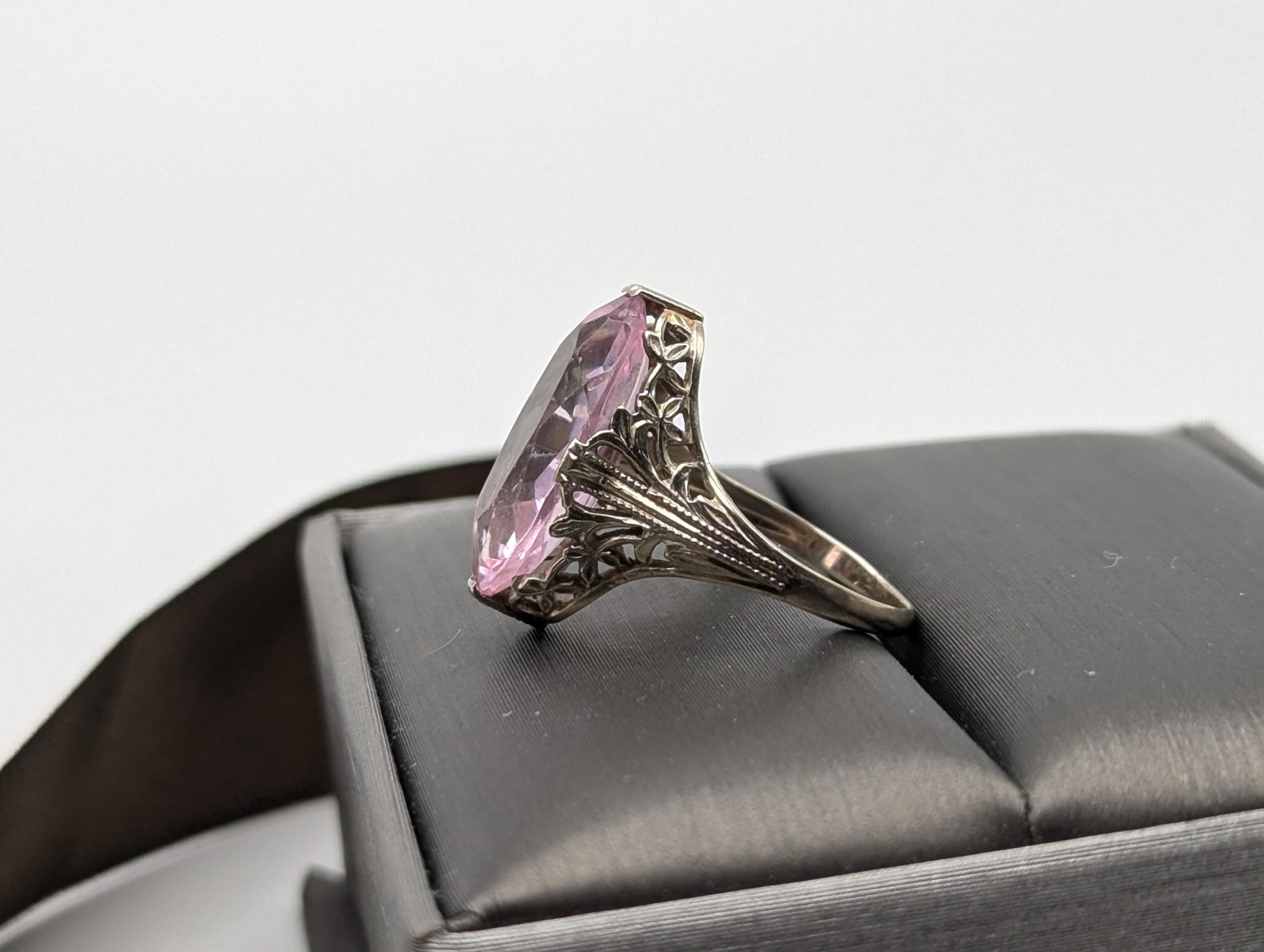 14k White Gold Filigree Pink Stone Ring 14k Handmade Statement Ring Cocktail Ring.