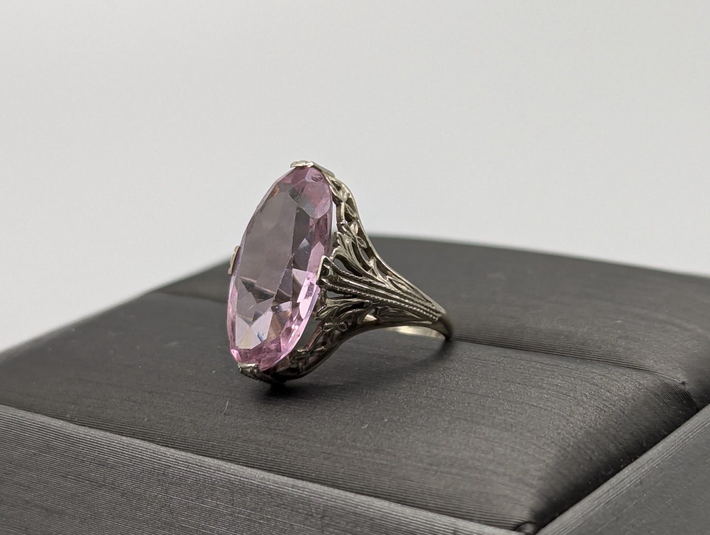 14k White Gold Filigree Pink Stone Ring 14k Handmade Statement Ring Cocktail Ring.