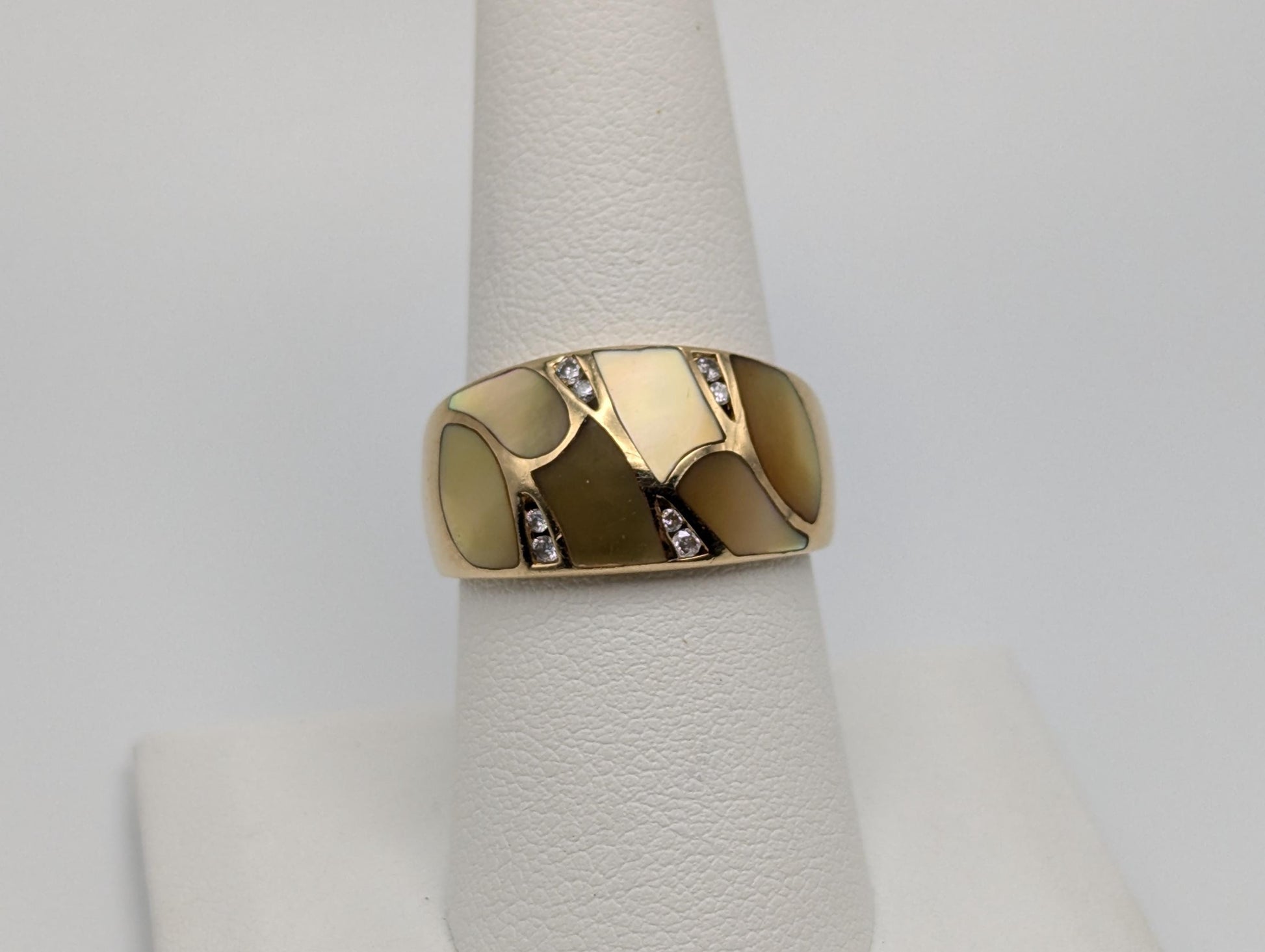 Designer ASH 14k 7.4gr Gold Mother of Pearl Inlays Diamonds Dome Ring