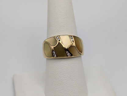 Designer ASH 14k 7.4gr Gold Mother of Pearl Inlays Diamonds Dome Ring
