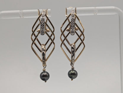 Large 14k Dangle Diamond Black Tahitian Pearl Clip Earrings Pearl Drop Earrings