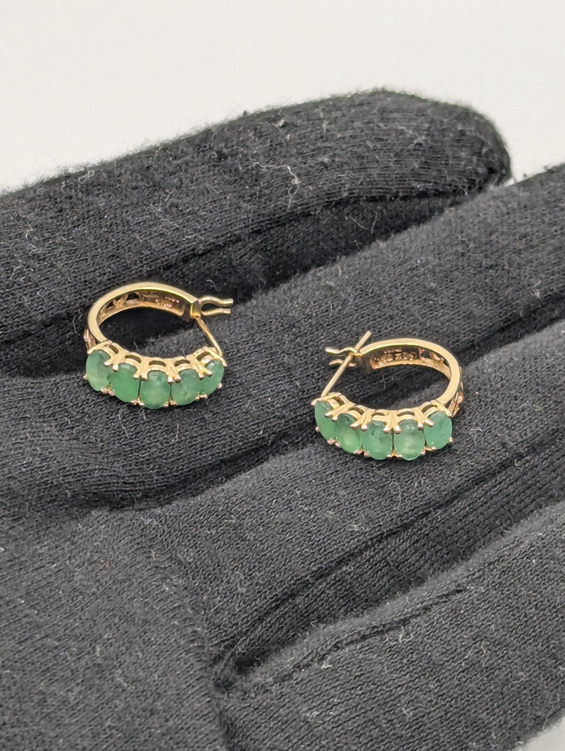 14k Yellow Gold Huggie Green Emerald Earrings Hoops