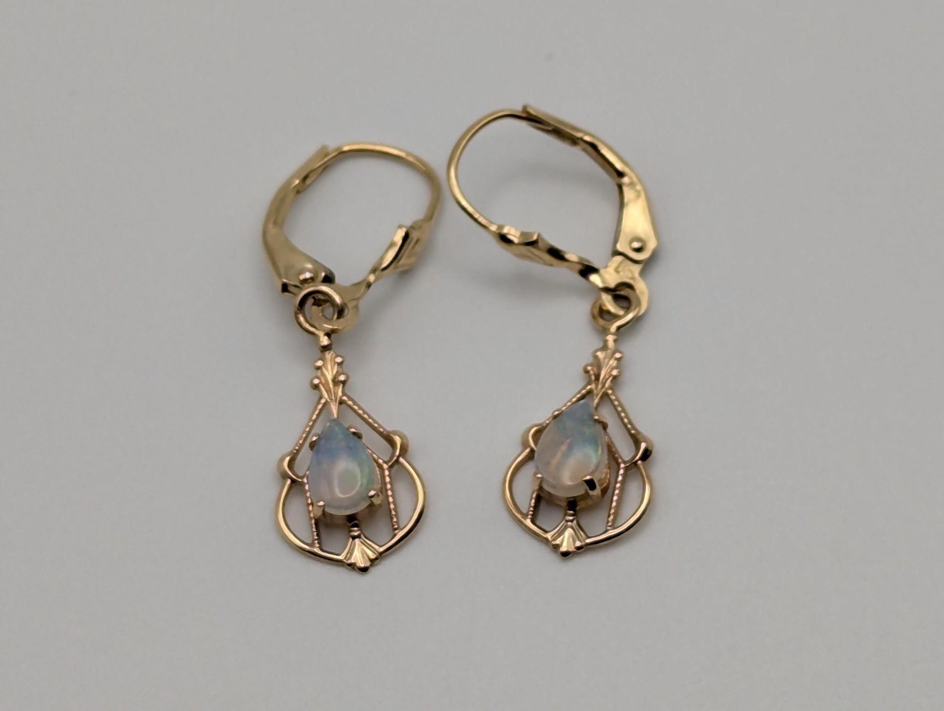 14K Yellow Art Deco Gold Opal Drop Dangle Earrings Opal Earrings Earrings