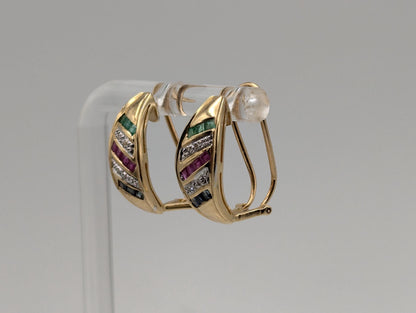 14k Yellow Gold Huggie Multi Gem Earrings Emerald Ruby Sapphire Huggie Hoops