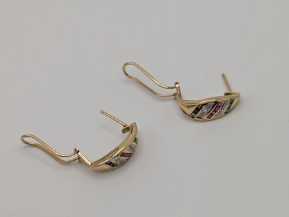 14k Yellow Gold Huggie Multi Gem Earrings Emerald Ruby Sapphire Huggie Hoops