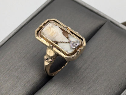 Antique 10k Gold Cameo Victorian Ring Art Deco Cameo Onyx Statement Ring Coral