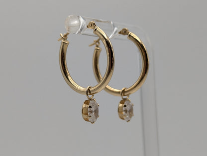 14k Yellow Gold Classic Small Hoop with Dangle Stone Earrings Dainty Gold Hoops