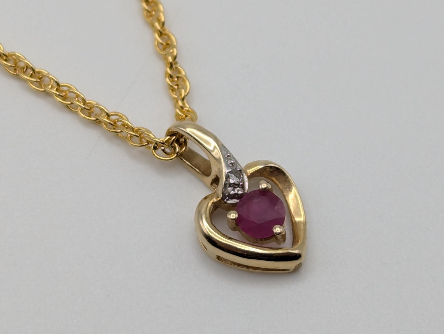 14K Yellow Gold Diamond Ruby Heart Love Pendant & Complimentary GF 14k Necklace Chain 18"