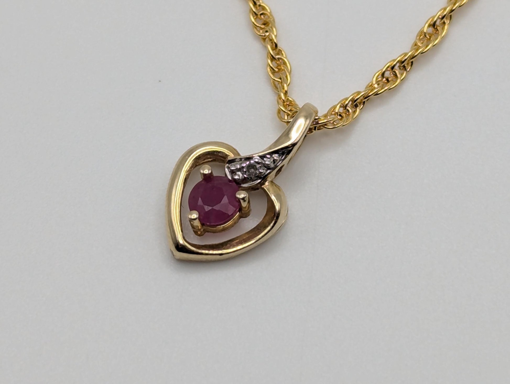 14K Yellow Gold Diamond Ruby Heart Love Pendant & Complimentary GF 14k Necklace Chain 18"