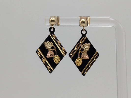 10k 12k Black Hills Gold Traditional Black Diamond Shaped Dangle Earrings