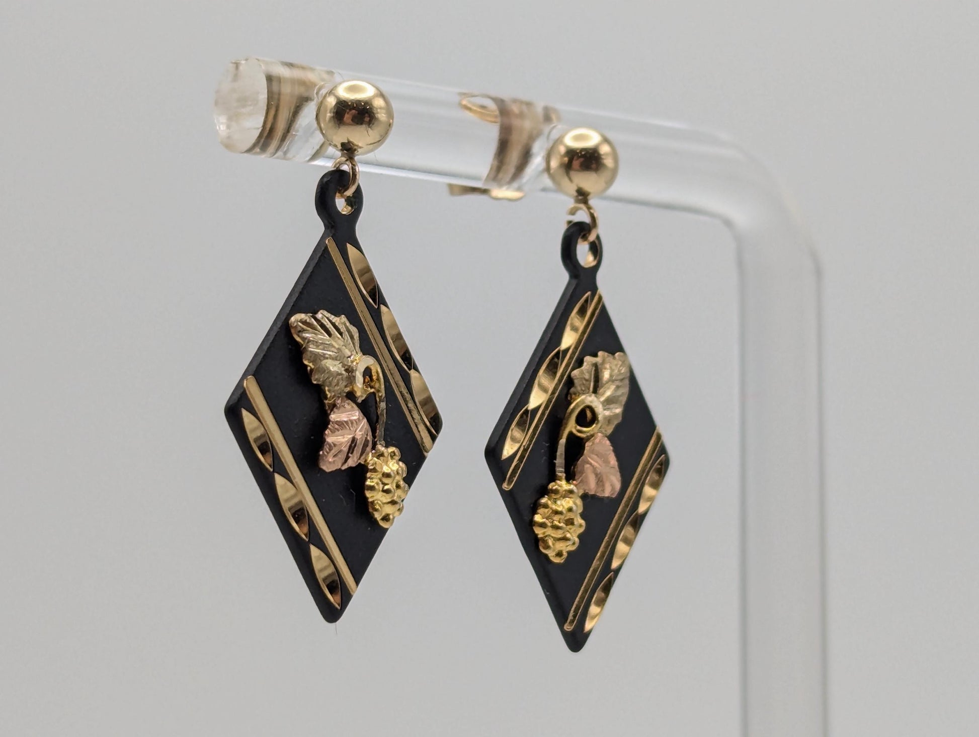 10k 12k Black Hills Gold Traditional Black Diamond Shaped Dangle Earrings