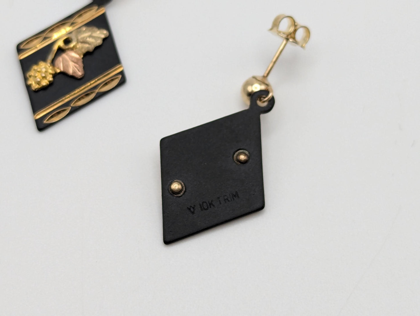 10k 12k Black Hills Gold Traditional Black Diamond Shaped Dangle Earrings