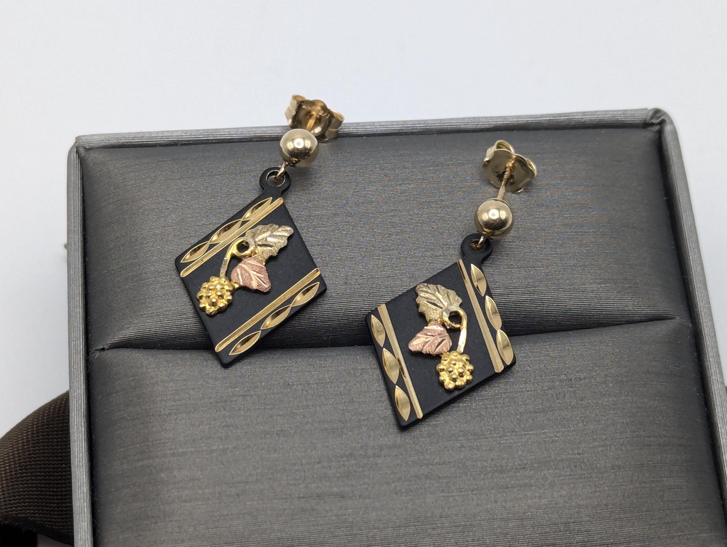 10k 12k Black Hills Gold Traditional Black Diamond Shaped Dangle Earrings