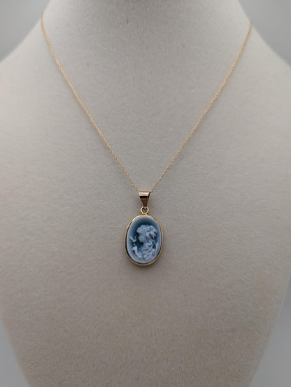 14k Italy Yellow Gold Lady Cameo Pendant Necklace. Blue Agate Cameo Necklace.