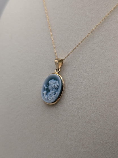 14k Italy Yellow Gold Lady Cameo Pendant Necklace. Blue Agate Cameo Necklace.