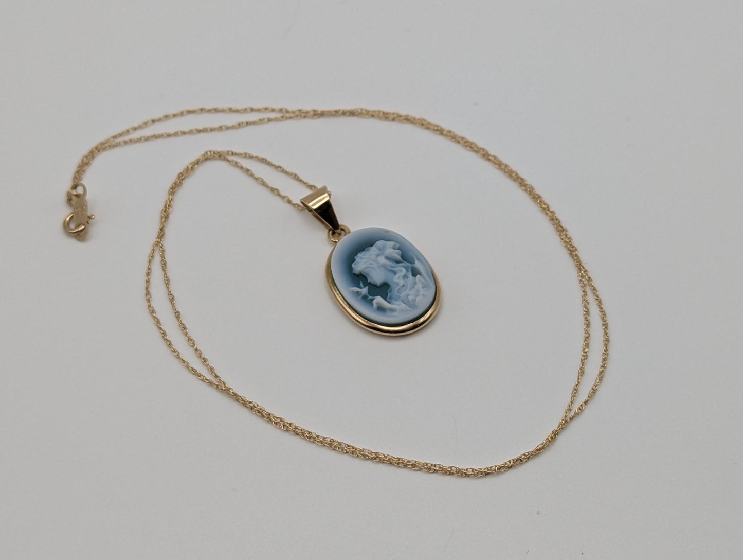 14k Italy Yellow Gold Lady Cameo Pendant Necklace. Blue Agate Cameo Necklace.