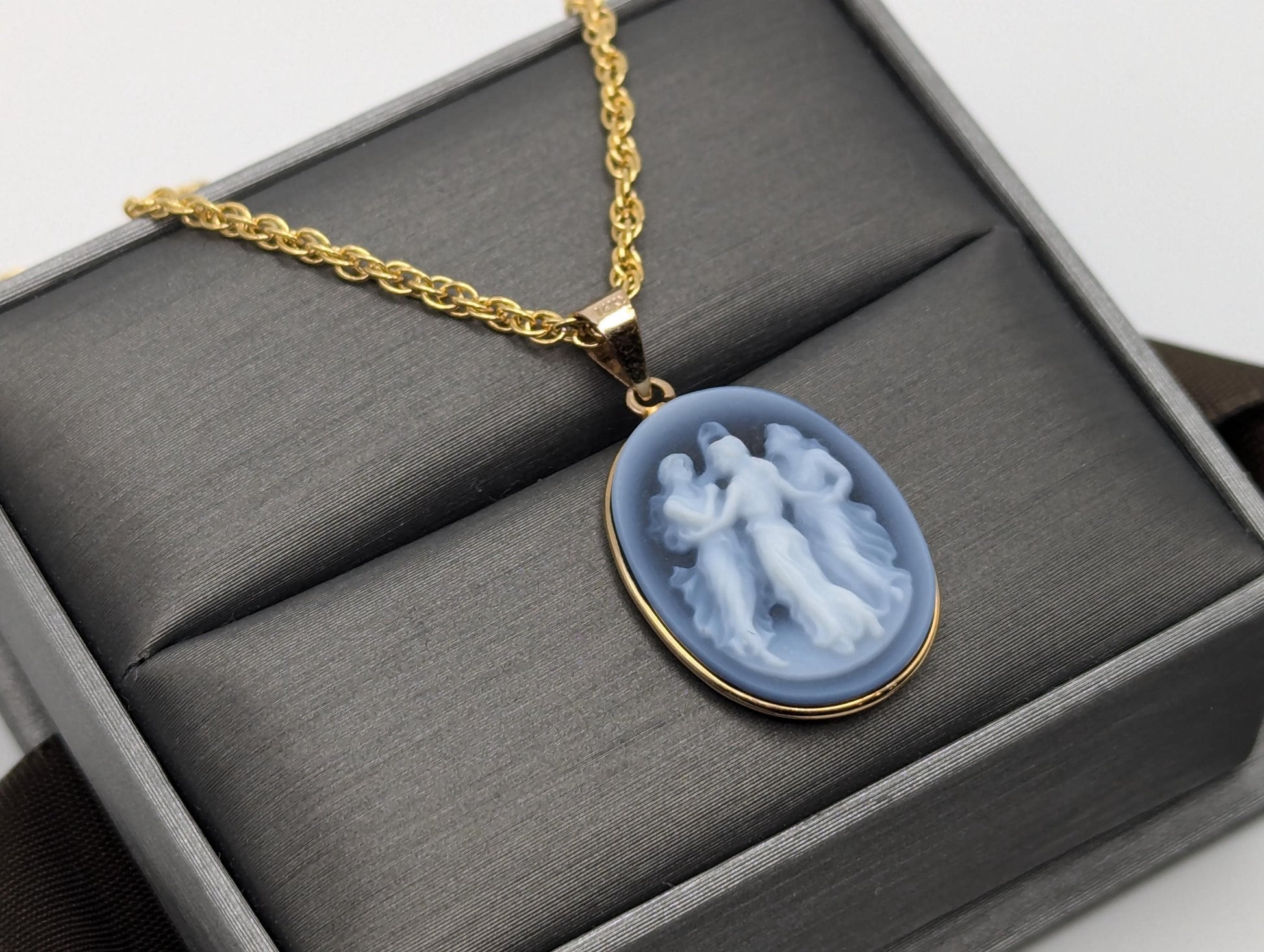 14k Gold Blue Cameo Three Muses Pendant Italy Blue Cameo Onyx + 14k GF Complimentary Chain.