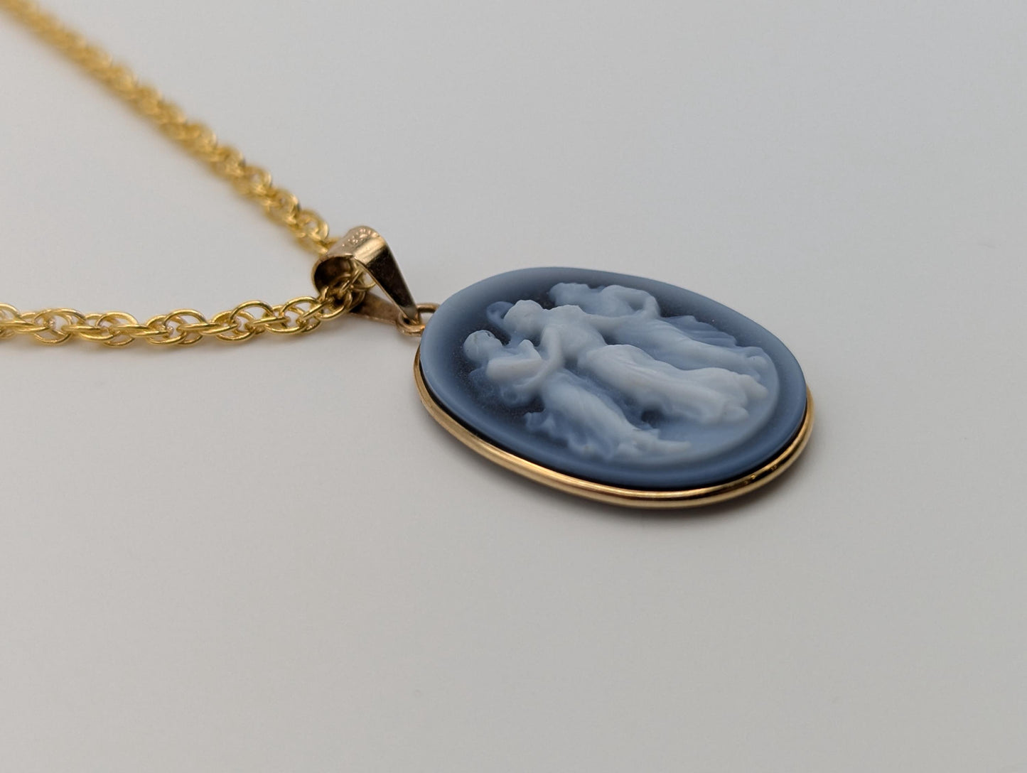 14k Gold Blue Cameo Three Muses Pendant Italy Blue Cameo Onyx + 14k GF Complimentary Chain.