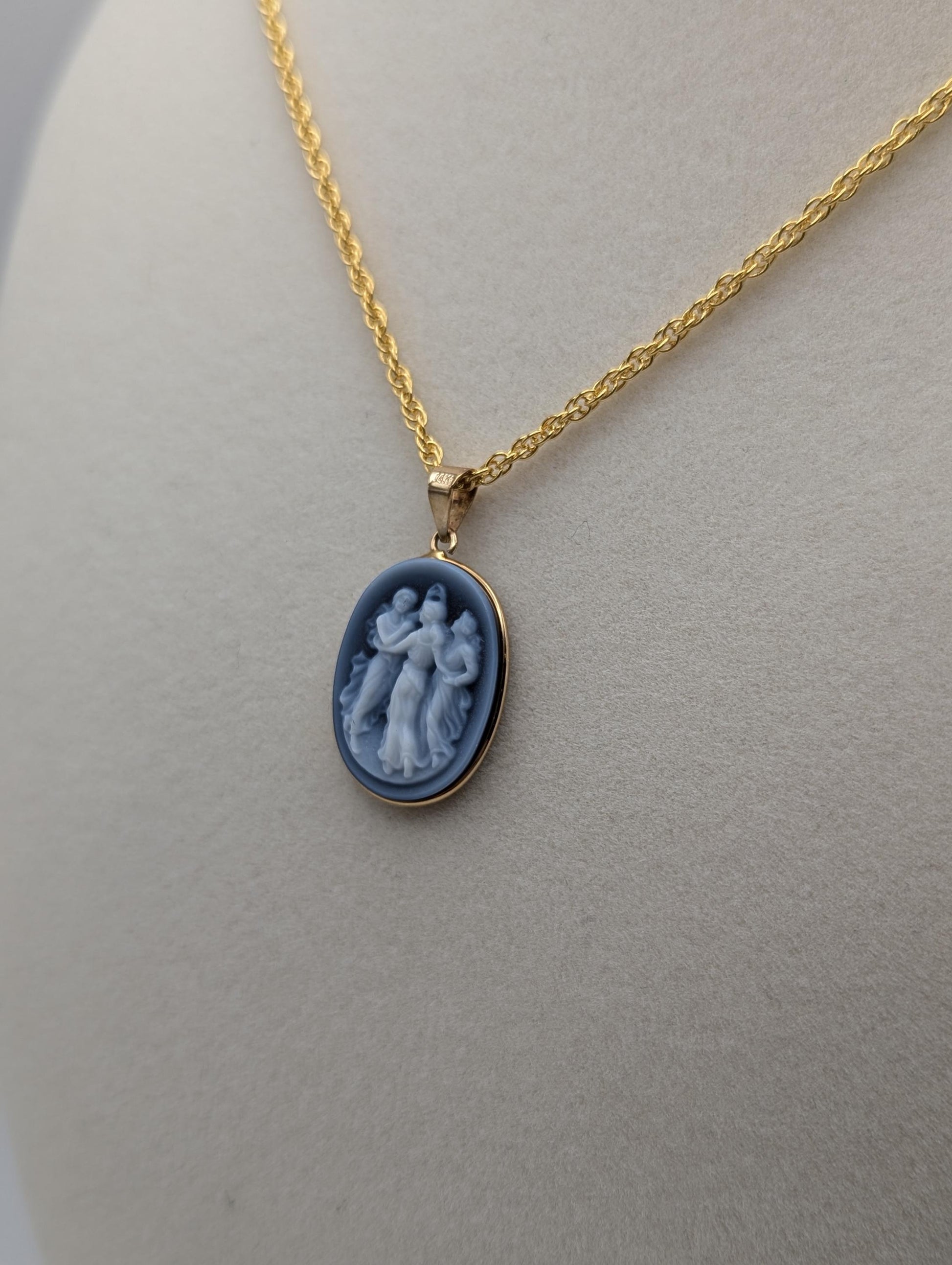 14k Gold Blue Cameo Three Muses Pendant Italy Blue Cameo Onyx + 14k GF Complimentary Chain.