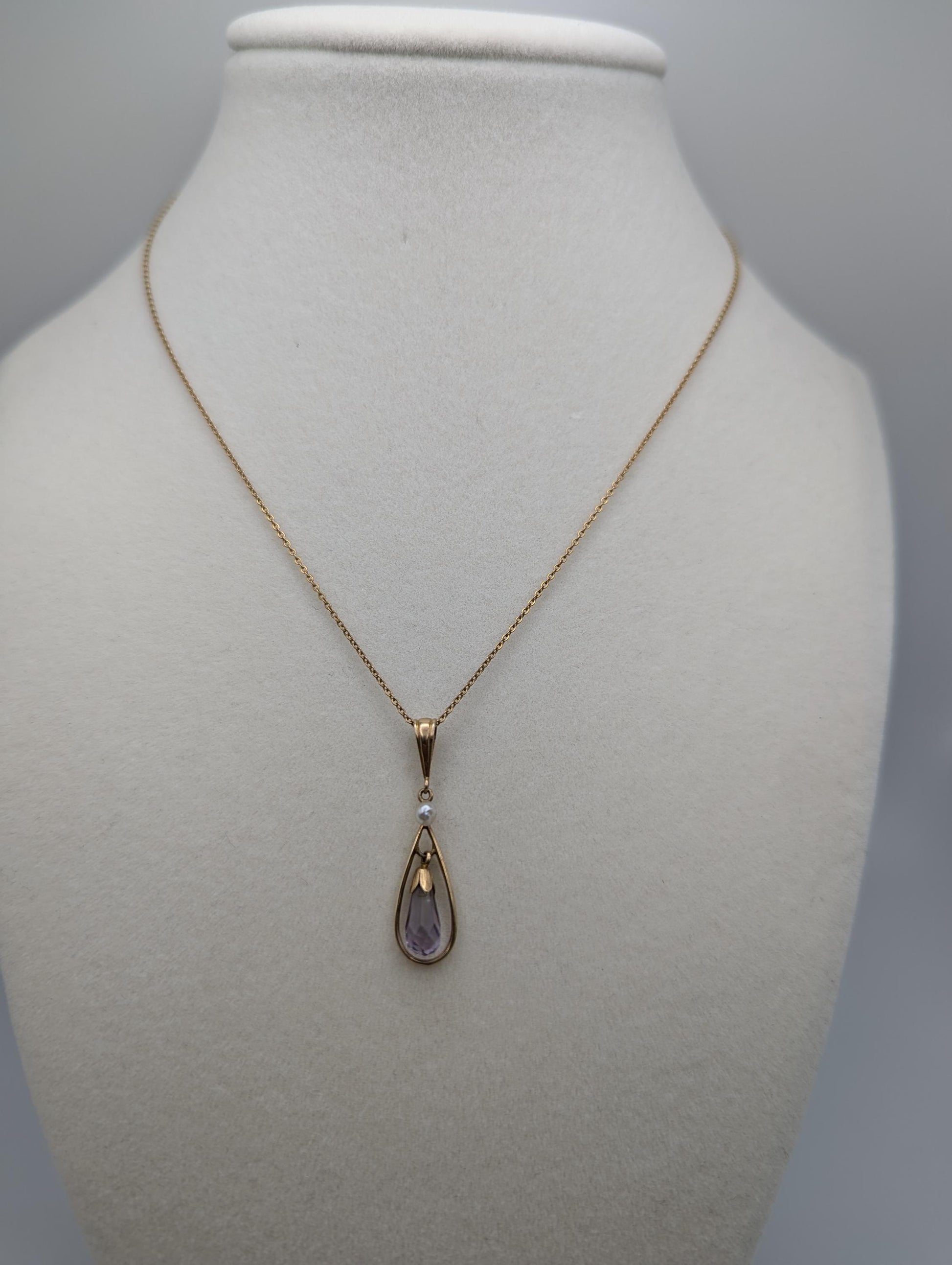 14k Gold Ivaliere Amethyst Seed Pearl Pendant Necklace Chain Link Amethyst Necklace