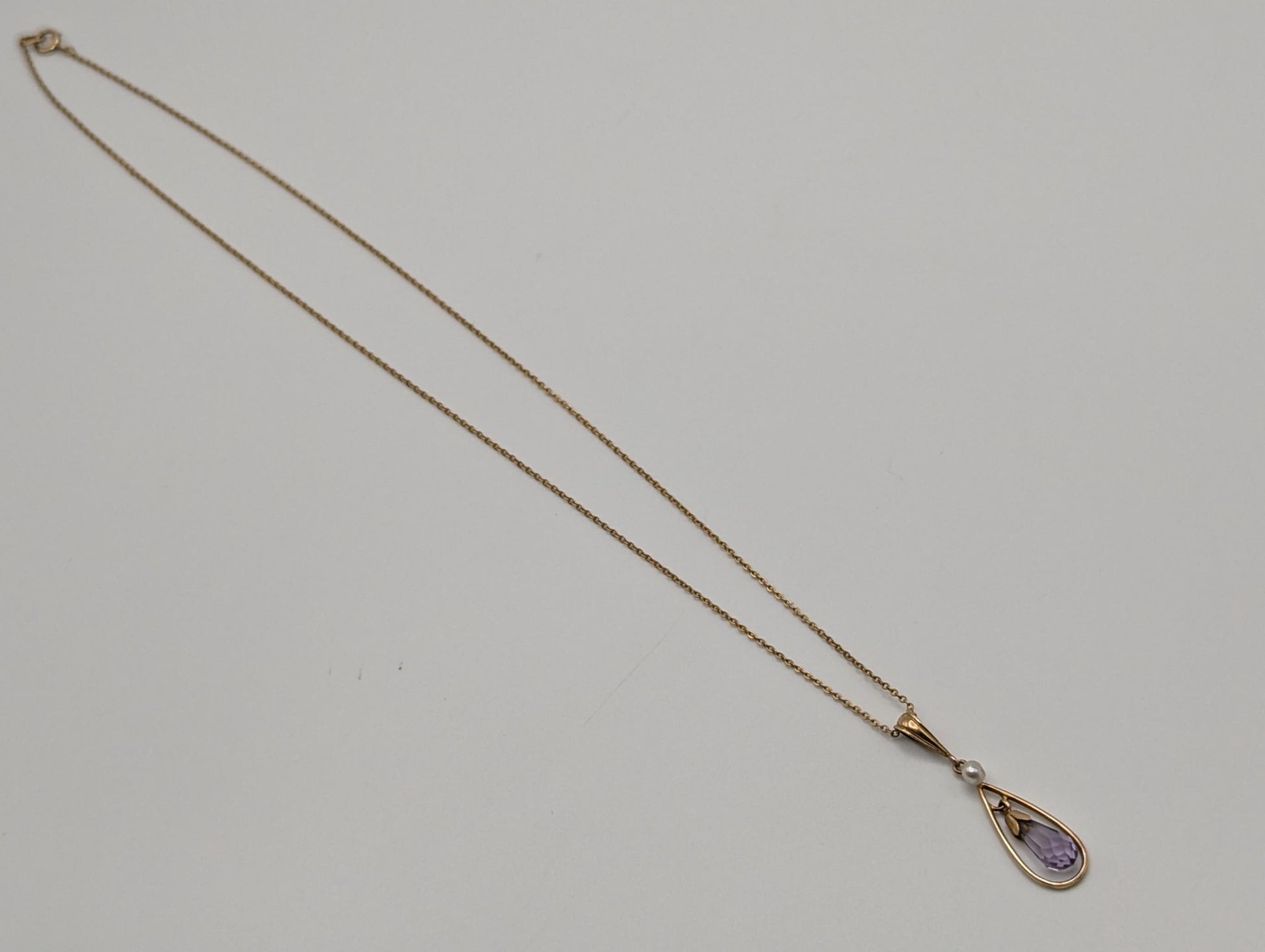 14k Gold Ivaliere Amethyst Seed Pearl Pendant Necklace Chain Link Amethyst Necklace