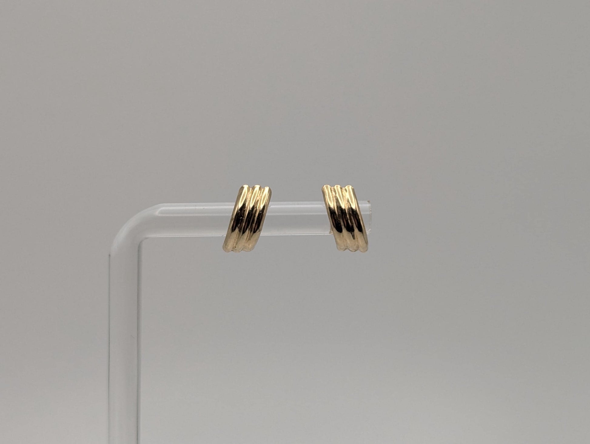 10k Half Gold Huggie Stud Earrings. Triple Line Half Huggie Earrings.