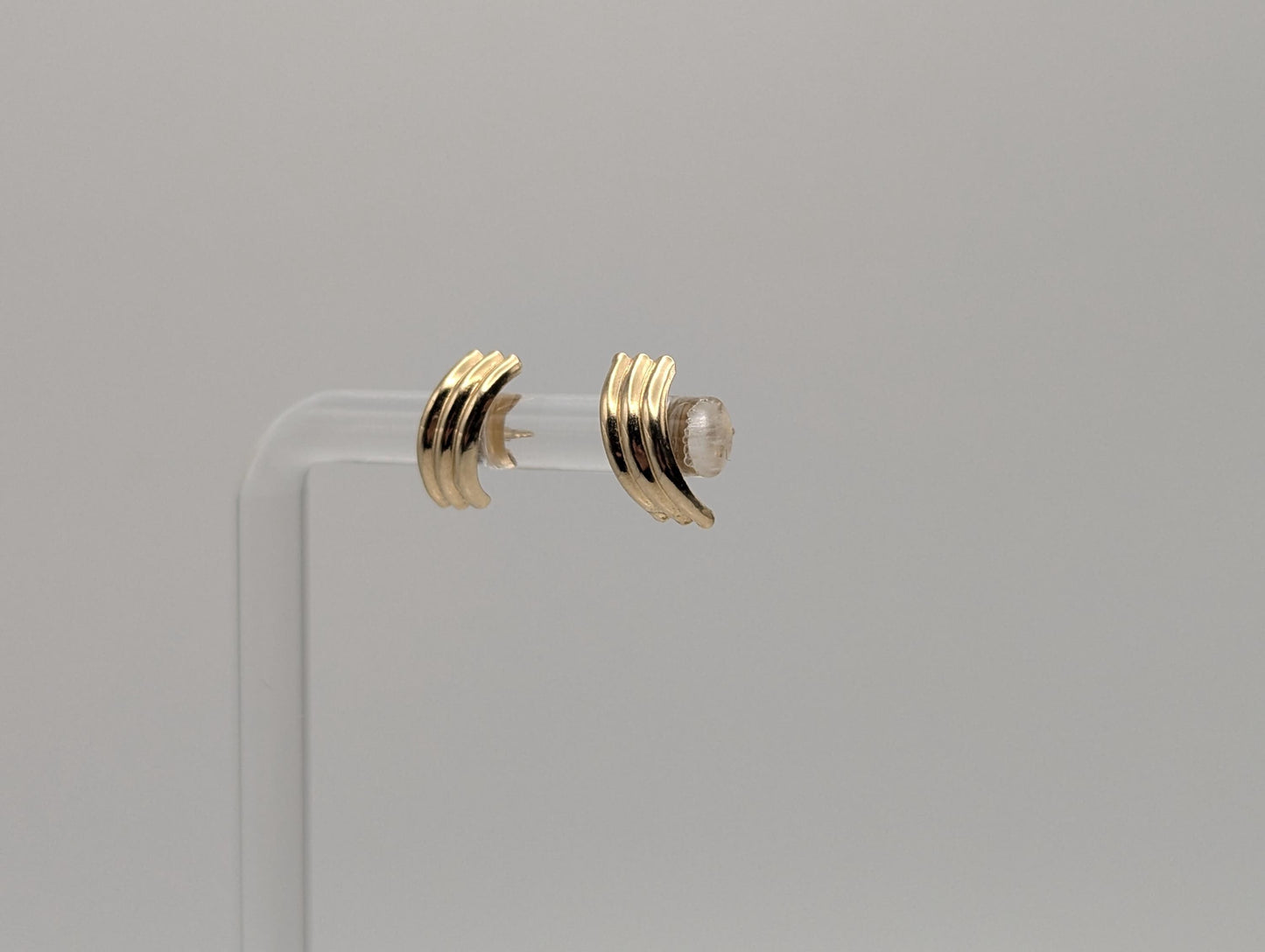 10k Half Gold Huggie Stud Earrings. Triple Line Half Huggie Earrings.