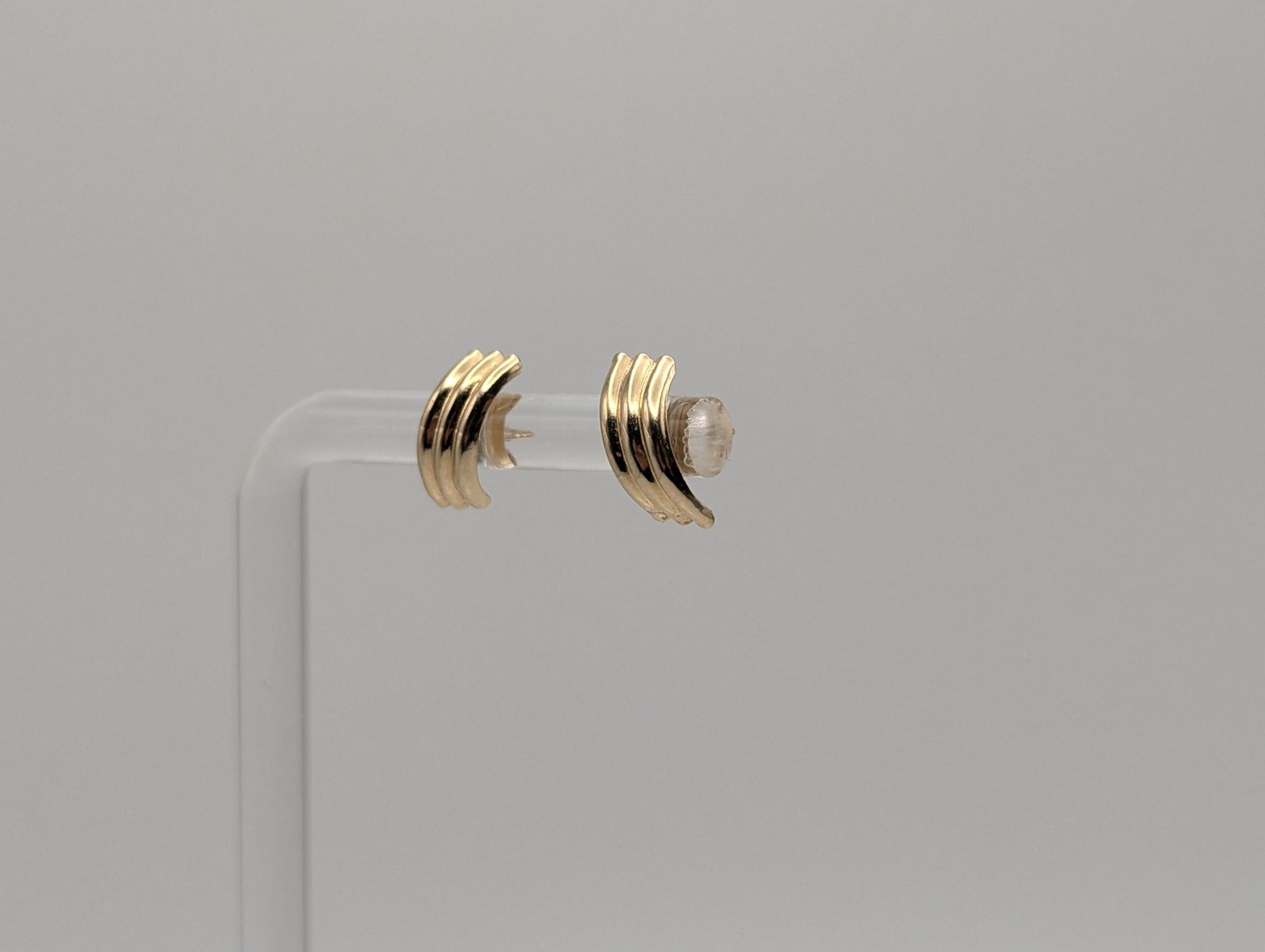 10k Half Gold Huggie Stud Earrings. Triple Line Half Huggie Earrings.