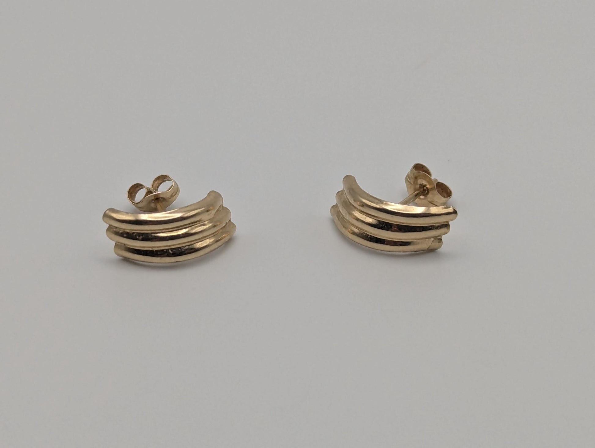 10k Half Gold Huggie Stud Earrings. Triple Line Half Huggie Earrings.