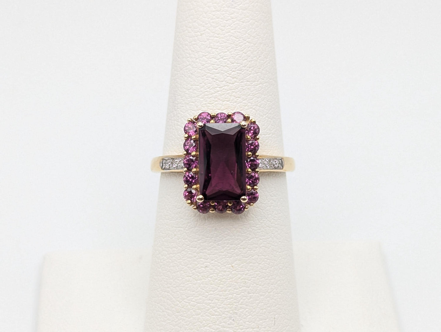 14k Yellow Gold Emerald Cut Rhodolite Garnet w/ Tourmaline and Diamonds Ring Cocktail Ring