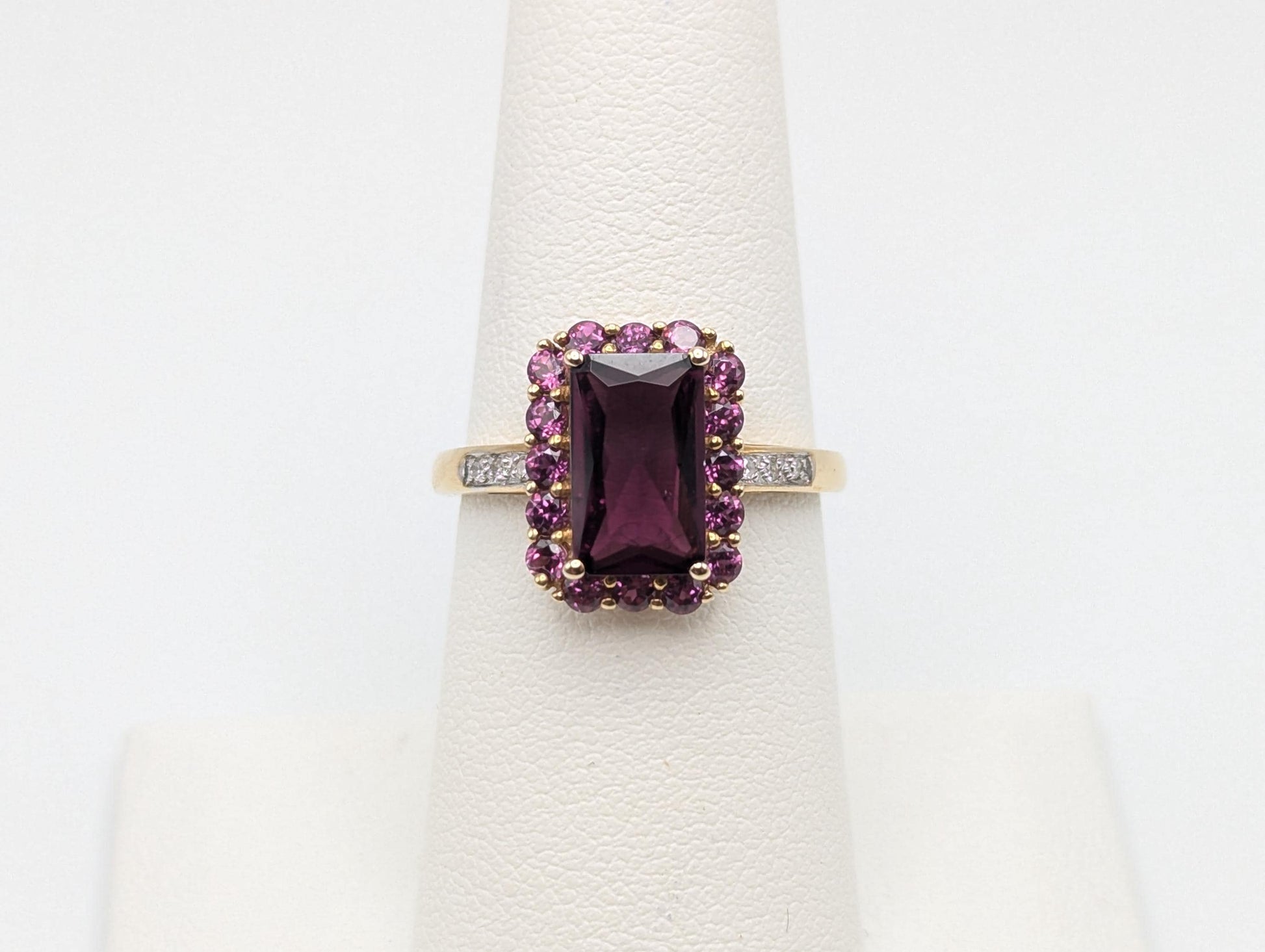 14k Yellow Gold Emerald Cut Rhodolite Garnet w/ Tourmaline and Diamonds Ring Cocktail Ring