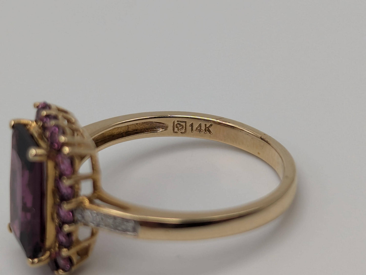 14k Yellow Gold Emerald Cut Rhodolite Garnet w/ Tourmaline and Diamonds Ring Cocktail Ring