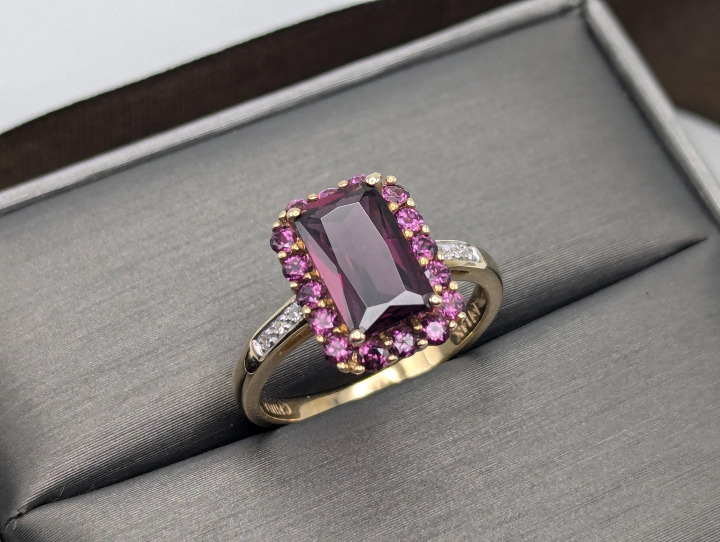 14k Yellow Gold Emerald Cut Rhodolite Garnet w/ Tourmaline and Diamonds Ring Cocktail Ring