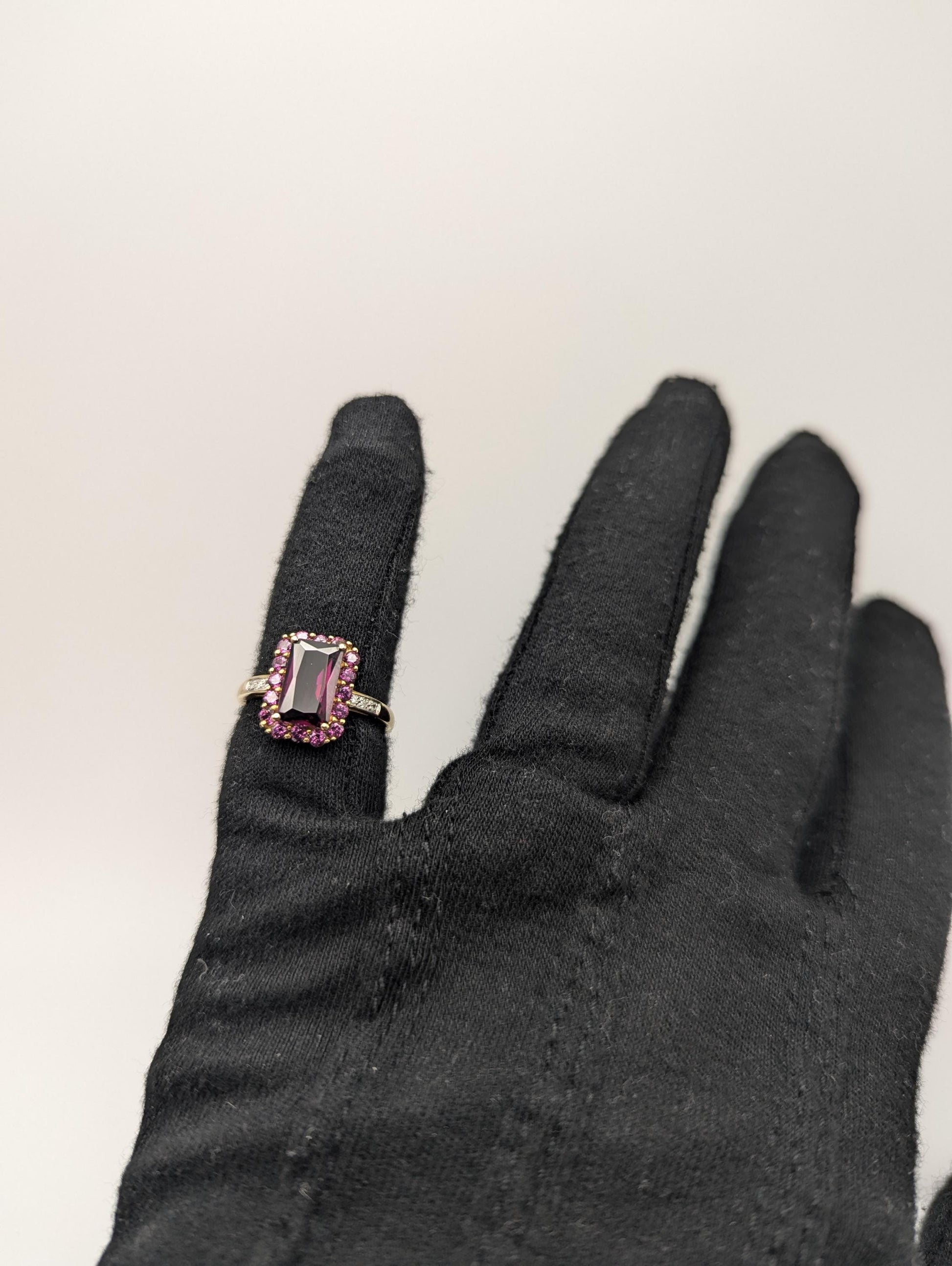 14k Yellow Gold Emerald Cut Rhodolite Garnet w/ Tourmaline and Diamonds Ring Cocktail Ring